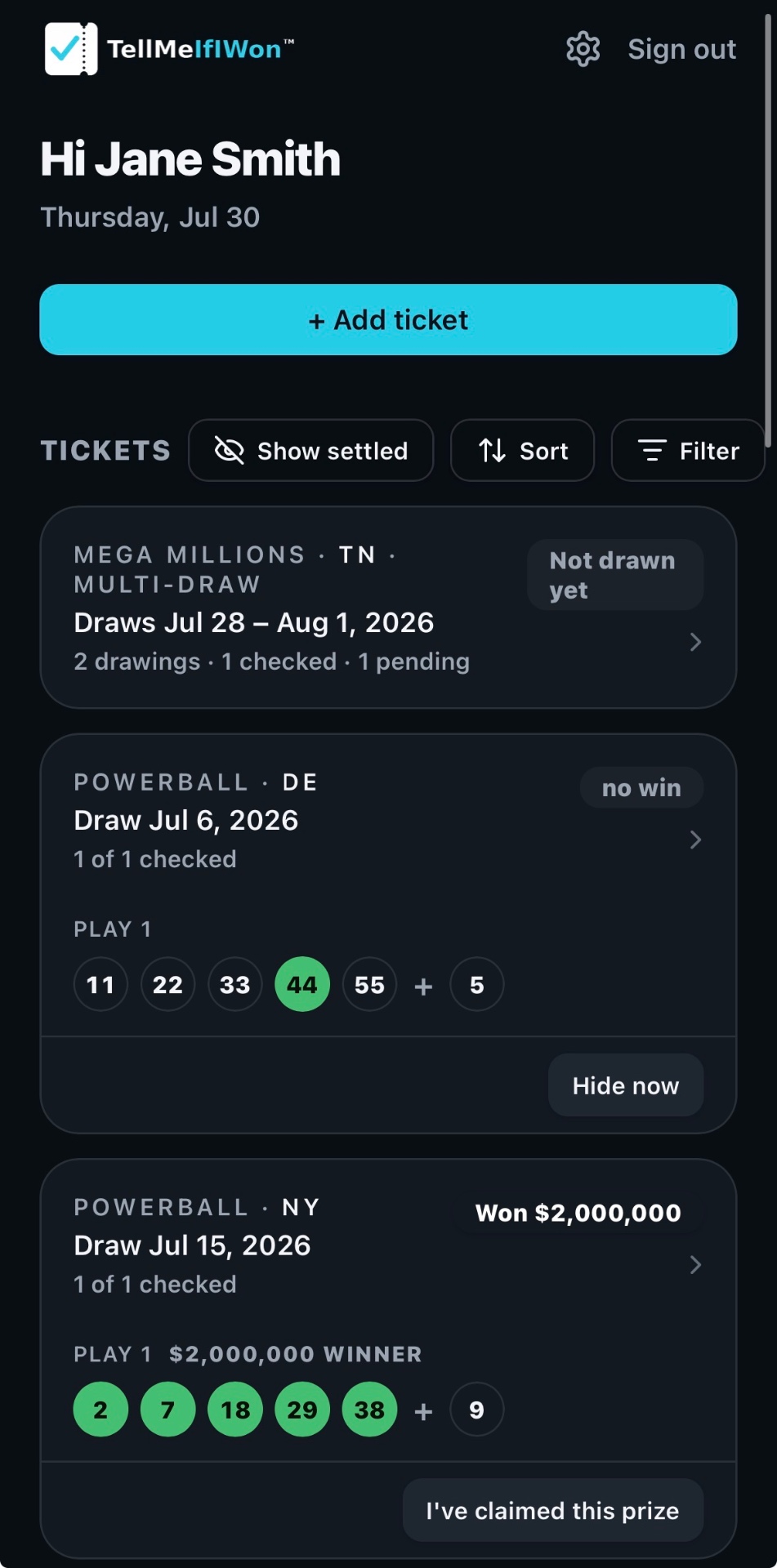 The TellMeIfIWon app showing checked Powerball and Mega Millions tickets with prize results